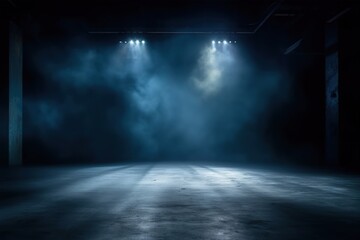 The dark stage with smoky dark blue background. an empty dark room with window shadows for display products. generative ai - obrazy, fototapety, plakaty