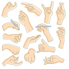 Set of symbolic hand gestures. Expression of emotions with gestures. Fist, indication of observation, outstretched palm, grab, ask, come here