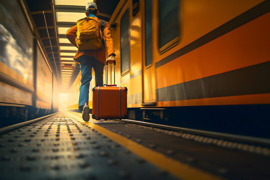 Male traveler with a suitcase runs along the platform to his passenger car being late back view. Generative AI.