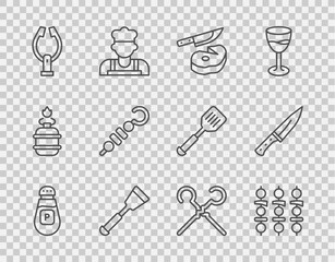 Set line Pepper, Grilled shish kebab, Steak meat and knife, Spatula, Meat tongs, BBQ skewers and chopper icon. Vector