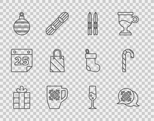 Set line Gift box, Snowflake speech bubble, Ski and sticks, Coffee cup with snowflake, Christmas ball, shopping bag, Glass champagne and candy cane icon. Vector