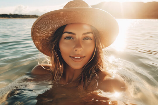Beach Sun-Kissed Beauty. Stunning sexy woman with straw hat basking in golden hour light, laying on sea water waves. Bikini, skincare, summer and topless concept AI Generative