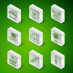 Set line Medieval sword, Olive and cheese on chopstick, Olives in bowl, Greek trireme, Ancient column, helmet, Santorini building and Minotaur labyrinth icon. Vector