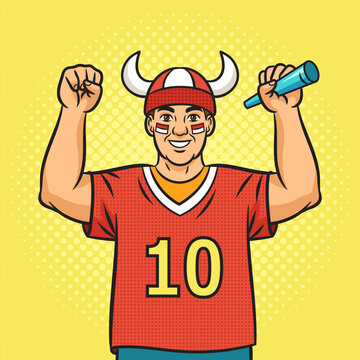 fan with hat with horns pinup pop art retro vector illustration. Comic book style imitation.