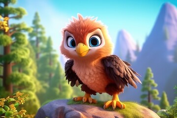 a cute adorable baby eagle in nature rendered in the style of children-friendly cartoon animation fantasy style  created by AI