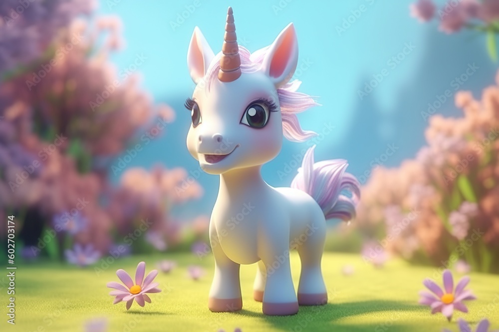 Wall mural a cute adorable baby unicorn character stands in nature in the style of children-friendly cartoon an