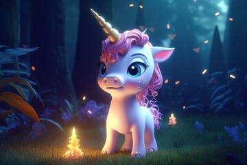 a cute adorable baby unicorn by night with light, in nature , rendered in the style of children-friendly cartoon animation fantasy style 3D style Illustration created by AI
