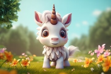 a cute adorable baby unicorn character stands in nature in the style of children-friendly cartoon animation fantasy  3D style Illustration  created by AI