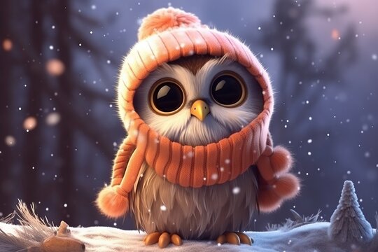 a cute adorable baby owl with cap and scarf,  by night in nature rendered in the style of children-friendly cartoon animation fantasy style  created by AI