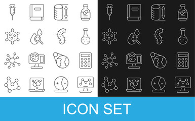 Set line Genetic engineering, Calculator, Test tube, Height geometrical figure, Drop and magnifying glass, Virus, Syringe and icon. Vector