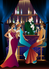 The party at the bar in the style of the early 20th century. Retro party vector illustration. Art Deco style.
