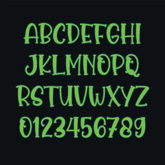 Fluorescent green alphabet capital letters and numbers set. Creative font on black background. Vector illustration.