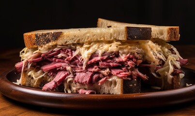  a roast beef sandwich with coleslaw on a plate.  generative ai