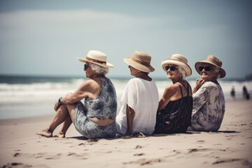 Elderly people enjoy company on sunny summer beach - obrazy, fototapety, plakaty