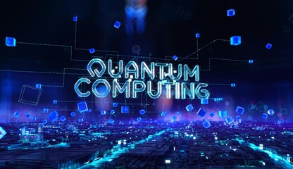 Quantum computing- businessman working with virtual reality at night office.