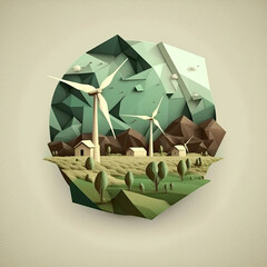 Low poly square landscape with wind turbines field