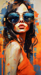 Fototapeta na wymiar An artistic painting of an emotional pretty yoing orange and blue woman with big sunglasses. Perfect for print , illustration to feature social media content. Generative AI