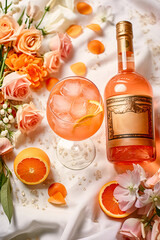 Ein Cocktail mit Eiswürfeln in Apricot und eine Flasche Alkohol mit dekorativem Etikett und Textfreiraum auf einem Tischtuch mit Rosen und einer Orange. Generative AI