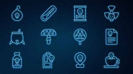 Set line Coffee cup with skull, Radiation warning document, Radioactive waste barrel, Fly agaric mushroom, Witch cauldron, Nuclear bomb, Biohazard symbol and Thermometer icon. Vector