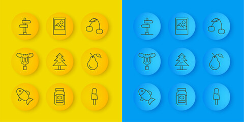 Set line Fish, Sausage on the fork, Tree, Ice cream, Pear, Road traffic sign, Cherry and Photo frame icon. Vector