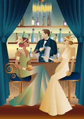 The party at the bar in the style of the early 20th century. Retro party vector illustration. Art Deco style.