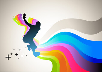 Fototapeta na wymiar Active man jumping with flowing waves of colour. Vector illustration.