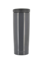 Black travel mug on a white background.