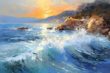 Obraz na płótnie Canvas Blue colorful sea waves, ai generative, oil painting style