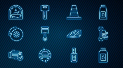 Set line Canister for motor machine oil, Car service, Traffic cone, Engine piston, brake disk with caliper, Motor gas gauge, headlight and key remote icon. Vector
