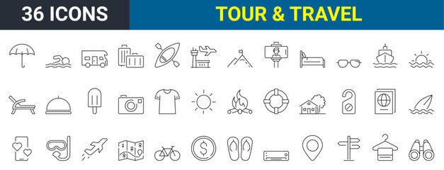 Travel, Holiday, Tour, Hello Summer, and Tourism 36 line icons set vector illustration. Beach, Sea, Passport, Sand, Travel, Editable Stroke.