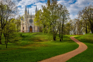 gothic chapel in the park in the spring in Peterhof near St. Petersburg