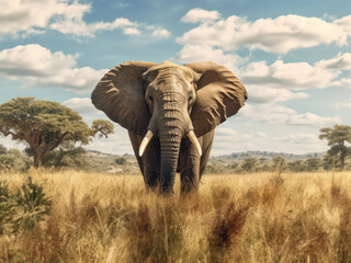 Naklejka na ściany i meble African elephant in a savanna field