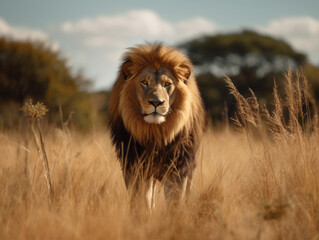 Naklejka na ściany i meble Male lion stands in safari