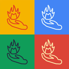 Pop art line Hand holding a fire icon isolated on color background. Vector