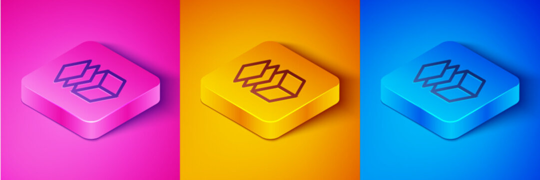 Isometric line Layers icon isolated on pink and orange, blue background. Square button. Vector