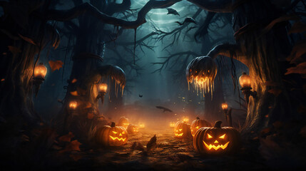 Spooky, scarry halloween forest with scary black trees and pumpkins on the ground. AI generated. Background, wallpaper