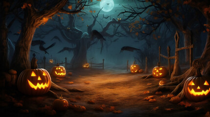 Fototapeta na wymiar Spooky, scarry halloween forest with scary black trees and pumpkins on the ground. AI generated. Background, wallpaper