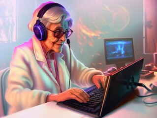 Elderly senior gray haired lady working on a laptop, IT support, AI generative