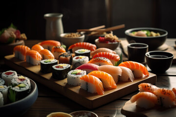 Appetizing suschi with salmon, tuna, rice and avocado