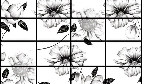  a black and white photo of flowers on a window sill.  generative ai