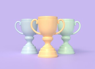 3d golden trophy cup in cartoon style. the concept of victories or rewards for achieving goals. realistic illustration on purple background. 3d rendering