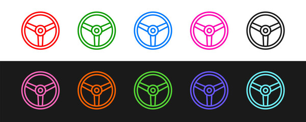 Set line Steering wheel icon isolated on black and white background. Car wheel icon. Vector