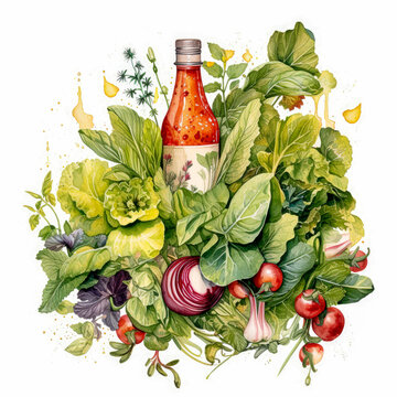 Salatzutaten mit einer Flasche Dressing auf Papierhintergrund als Illustration. Generative AI,