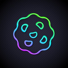 Glowing neon line Cookie or biscuit with chocolate icon isolated on black background. Vector