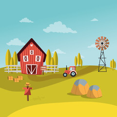  Vector farm illustration. Nature and landscape. Vector illustration of trees, , mountains, barn, fields, farm and villages. Picture for background, card or cover Vector farm illustration. Nature and 