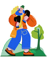 The daughter is sitting on her father's shoulders.