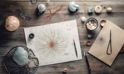  a drawing of a tree surrounded by other items on a table.  generative ai