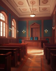 The concept of law and justice in an empty courtroom interior. (Generative AI) - 602711720