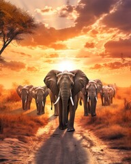 Fototapeta na wymiar Majestic elephants walking on a plain, with a warm golden sunset. (Generative AI)