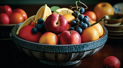 A ceramic bowl filled with fresh fruits